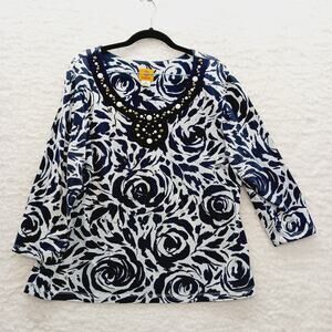 T-Shirt Stud Bead Black White Rose Going-Out Top Romantic Casual Resort Size XL